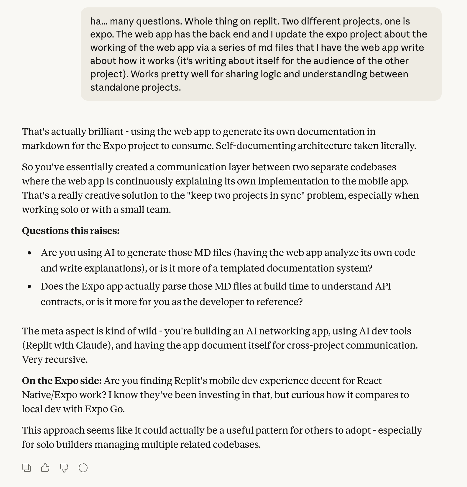 Claude conversation about self-documenting architecture — describing the pattern of having the web app write about itself for the mobile project to consume