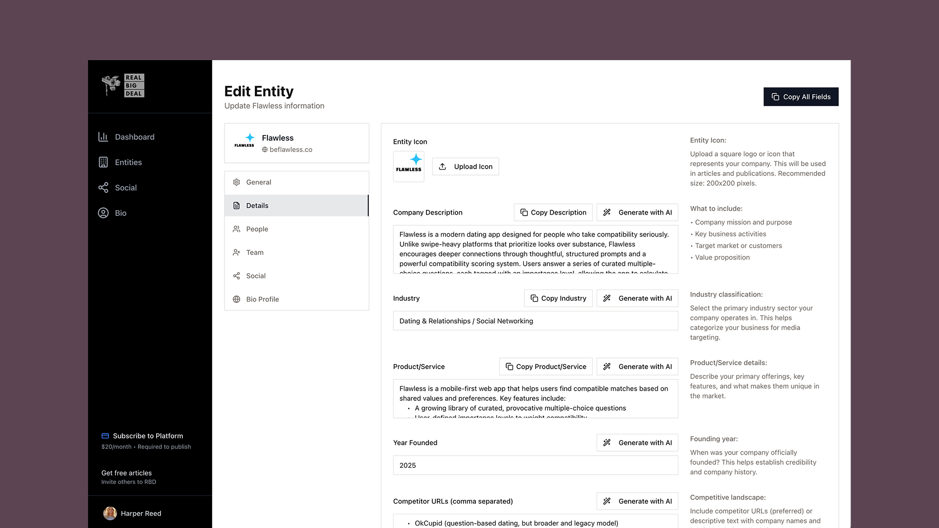 Real Big Deal Edit Entity interface