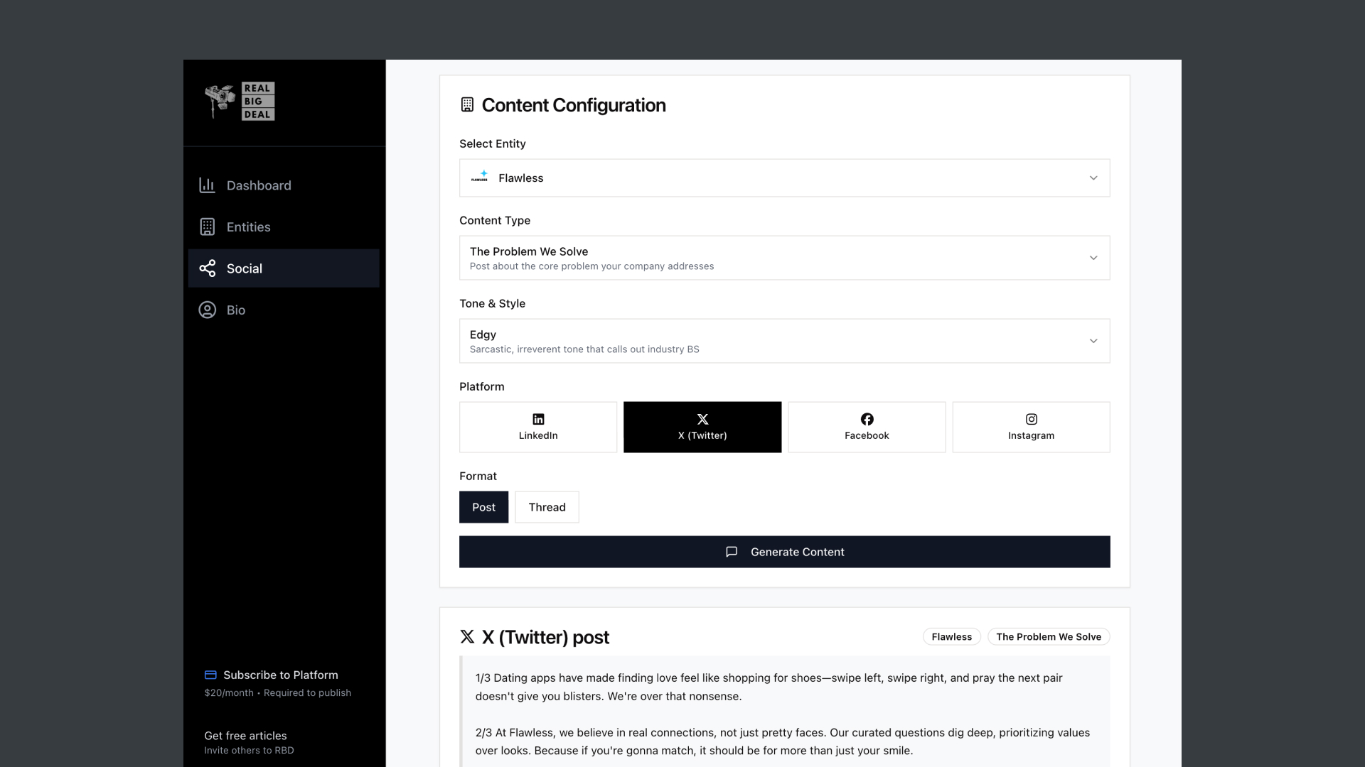 Real Big Deal Social Share content configuration